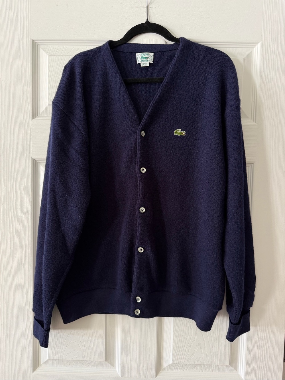 Vintage Lacoste Men's Dark Navy Button-Up Cardigan with Green Logo